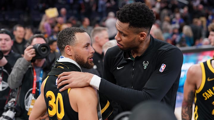 Mar 6, 2024; San Francisco, California, USA; Milwaukee Bucks forward Giannis Antetokounmpo (34) and Golden State Warriors guard Stephen Curry (30) meet after the game at the Chase Center. Mandatory Credit: Cary Edmondson-Imagn Images