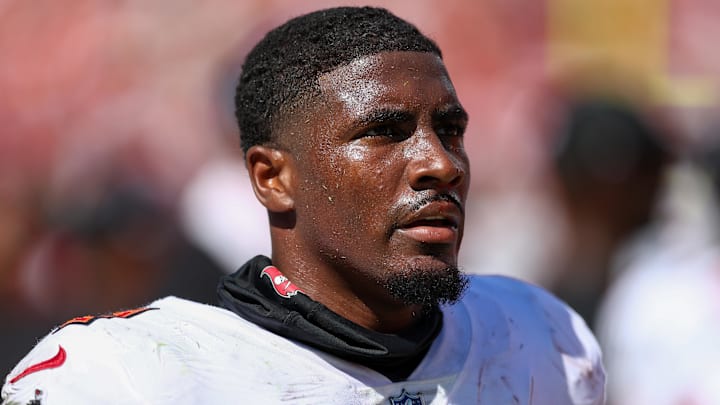 Sep 29, 2024; Tampa, Florida, USA; Tampa Bay Buccaneers running back Rachaad White (1)) looks on against the Philadelphia Eagles in the third quarter at Raymond James Stadium. Mandatory Credit: Nathan Ray Seebeck-Imagn Images