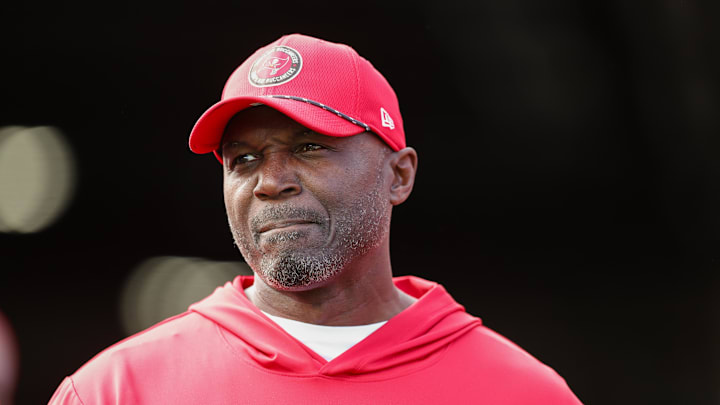 Dec 29, 2024; Tampa, Florida, USA; Tampa Bay Buccaneers head coach Todd Bowles looks on before a game against the Carolina Panthers at Raymond James Stadium. Mandatory Credit: Nathan Ray Seebeck-Imagn Images