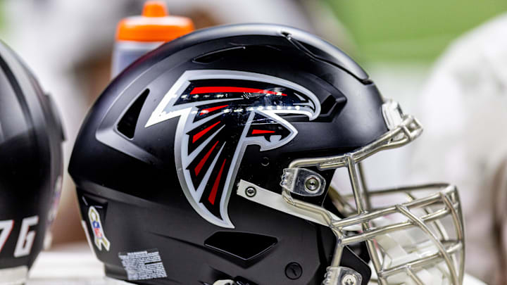 Detailed view of the Atlanta Falcons helmet against the New Orleans Saints during the second half.