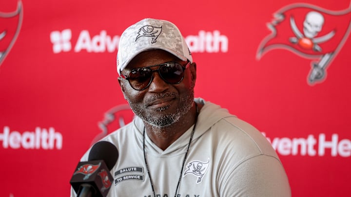 Jul 31, 2025; Tampa, FL, USA; Tampa Bay Buccaneers head coach Todd Bowles talks to media after training camp at AdventHealth Training Center. Mandatory Credit: Nathan Ray Seebeck-Imagn Images