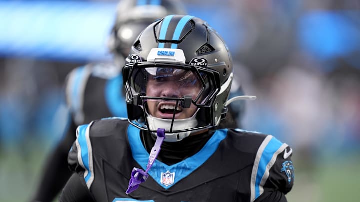 Carolina Panthers safety Lathan Ransom (22) celebrates the game-winning interception against the Tampa Bay Buccaneers 