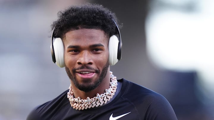 Nov 16, 2024; Boulder, Colorado, USA; Colorado Buffaloes quarterback Shedeur Sanders (2) before the game against the Utah Utes at Folsom Field. Mandatory Credit: Ron Chenoy-Imagn Images