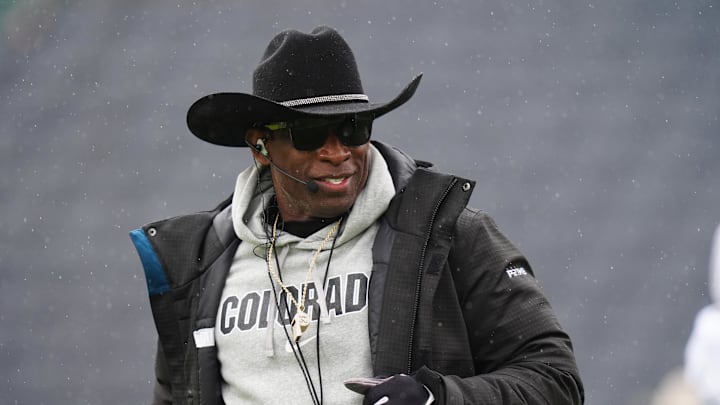 Apr 27, 2024; Boulder, CO, USA; Colorado Buffaloes head coach Deion Sanders during a spring game event at Folsom Field. Mandatory Credit: Ron Chenoy-Imagn Images