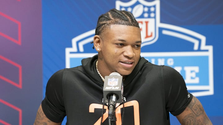 Feb 28, 2025; Indianapolis, IN, USA; Colorado wideout Jimmy Horn (WO20) speaks during a press conference during the 2025 NFL Combine at Indiana Convention Center. Mandatory Credit: Stephanie Amador Blondet-Imagn Images