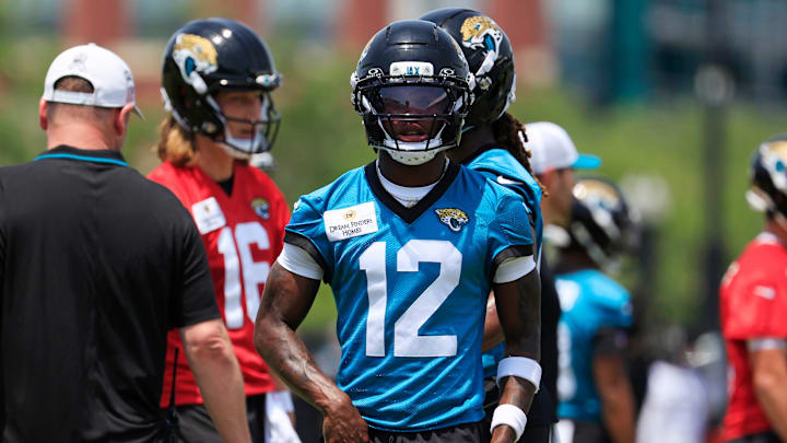 Jacksonville Jaguars wide receiver Travis Hunter (12) walks to his lane during the first organized team activity at Miller Electric Center Monday, May 19, 2025 in Jacksonville, Fla.