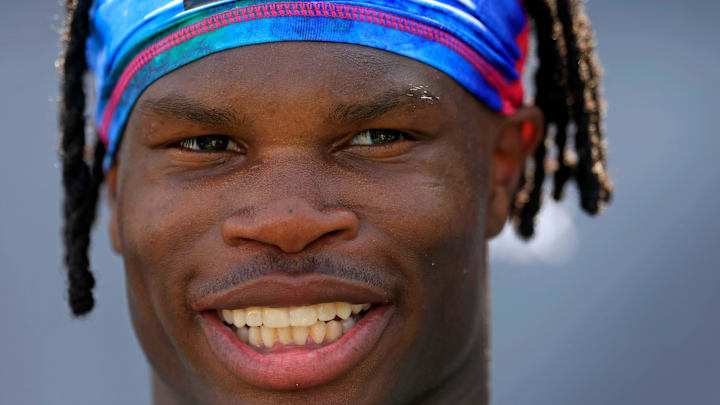 Jacksonville Jaguars wide receiver Travis Hunter (12) speaks to members of the media during the second mandatory minicamp at Miller Electric Center Wednesday, June 11, 2025 in Jacksonville, Fla.