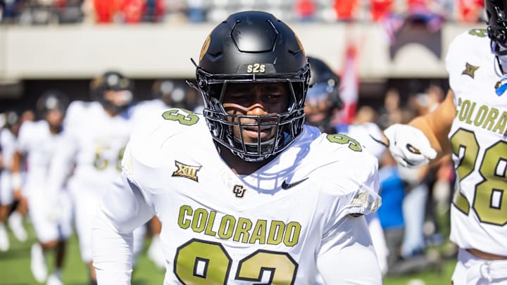Oct 19, 2024; Tucson, Arizona, USA; Colorado Buffalos defensive end Samuel Okunlola (93) against the Arizona Wildcats at Arizona Stadium. Mandatory Credit: Mark J. Rebilas-Imagn Images