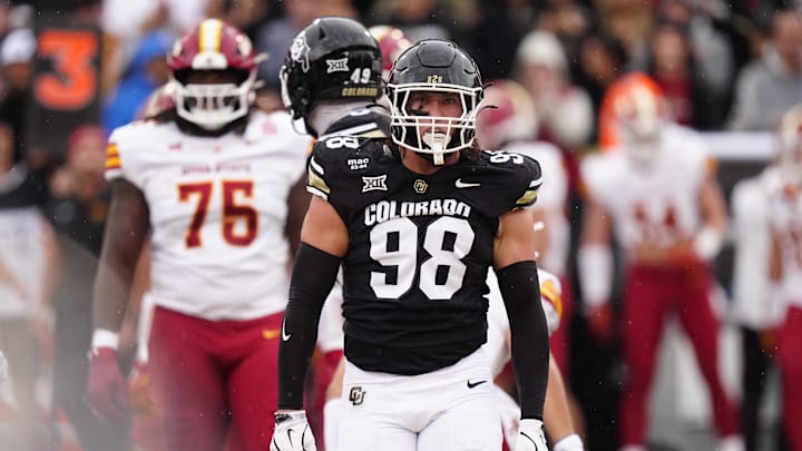 Oct 11, 2025; Boulder, Colorado, USA; Colorado Buffaloes defensive lineman Alexander McPherson (98) celebrates a defensive play in the first quarter against the Iowa State Cyclones at Folsom Field. Mandatory Credit: Ron Chenoy-Imagn Images Oct 11, 2025; Boulder, Colorado, USA; Colorado Buffaloes defensive lineman Alexander McPherson (98) celebrates a defensive play in the first quarter against the Iowa State Cyclones at Folsom Field. Mandatory Credit: Ron Chenoy-Imagn Images