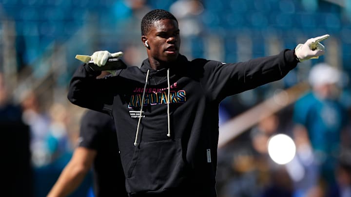 Jacksonville Jaguars wide receiver Travis Hunter (12) dances before an NFL football matchup, Sunday, Oct. 12, 2025, at EverBank Stadium in Jacksonville, Fla. The Seahawks defeated the Jaguars 20-12.