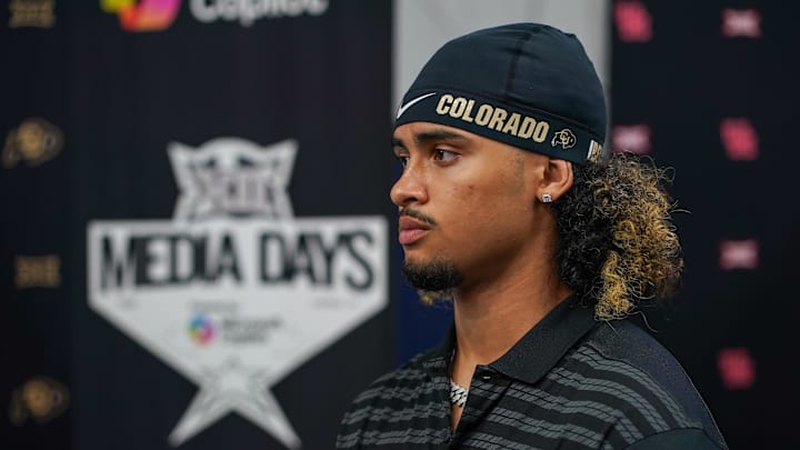 Jul 9, 2025; Frisco, TX, USA; Colorado quarterback Julian Lewis speaks with the media during 2025 Big 12 Football Media Days at The Star. Mandatory Credit: Raymond Carlin III-Imagn Images Jul 9, 2025; Frisco, TX, USA; Colorado quarterback Julian Lewis speaks with the media during 2025 Big 12 Football Media Days at The Star. Mandatory Credit: Raymond Carlin III-Imagn Images