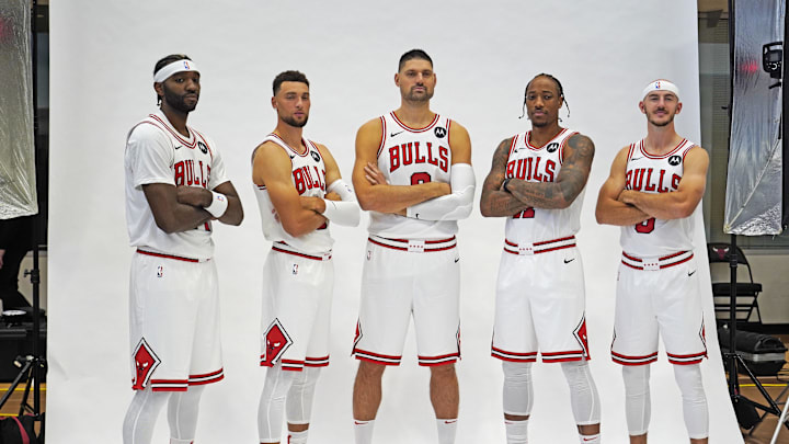 Oct 2, 2023; Chicago, IL, USA; (L-R) Chicago Bulls forward Patrick Williams (44), guard Zach LaVine (8), center Nikola Vucevic (9), forward DeMar DeRozan (11), and guard Alex Caruso (6) during Chicago Bulls Media Day at Advocate Center. Mandatory Credit: David Banks-USA TODAY Sports