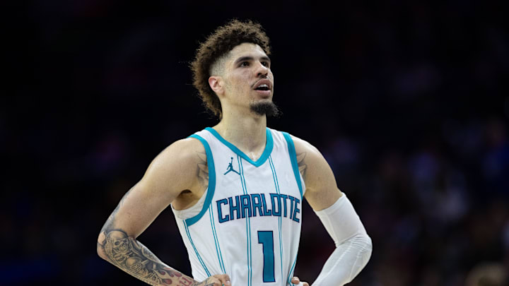 Nov 10, 2024; Philadelphia, Pennsylvania, USA; Charlotte Hornets guard LaMelo Ball (1) looks on during a break in action in the fourth quarter against the Philadelphia 76ers at Wells Fargo Center. Nov 10, 2024; Philadelphia, Pennsylvania, USA; Charlotte Hornets guard LaMelo Ball (1) looks on during a break in action in the fourth quarter against the Philadelphia 76ers at Wells Fargo Center.
