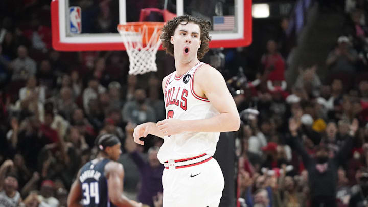 Oct 30, 2024; Chicago, Illinois, USA; Chicago Bulls guard Josh Giddey (3) reacts after making a three point basket against the Orlando Magic during the second half at United Center. Mandatory Credit: David Banks-Imagn Images
