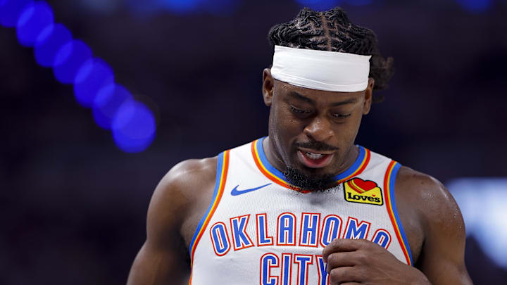 Jun 5, 2025; Oklahoma City, Oklahoma, USA; Oklahoma City Thunder guard Luguentz Dort (5) looks on during the third quarter against the Indiana Pacers during game one of the 2025 NBA Finals at Paycom Center. Mandatory Credit: Alonzo Adams-Imagn Images
