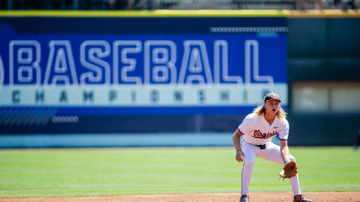 May 24, 2024; Charlotte, NC, USA; Virginia Cavaliers infielder Luke Hanson (5) sets up in the second inning against the Florida State Seminoles during the ACC Baseball Tournament at Truist Field. Mandatory Credit: Scott Kinser-Imagn Images