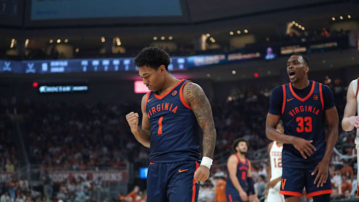 Dec 3, 2025; Austin, Texas, USA; Virginia Cavaliers guard Mark Thomas (1) reacts to a basket during the second half against the Texas Longhorns at Moody Center. Mandatory Credit: Dustin Safranek-Imagn Images