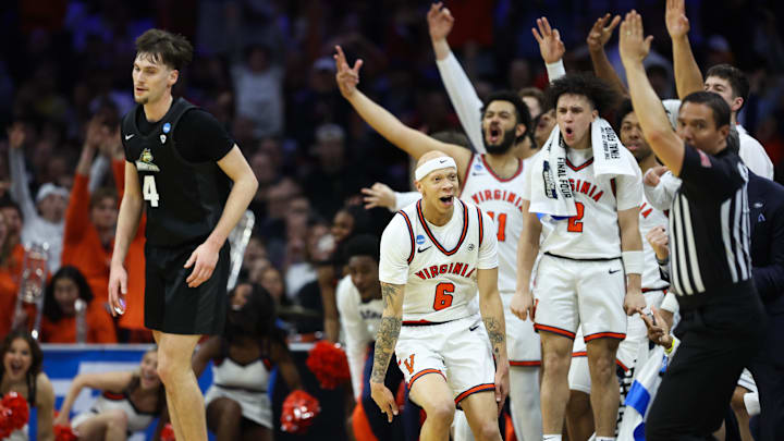Mar 20, 2026; Philadelphia, PA, USA; Virginia Cavaliers guard Jacari White (6) reacts after the game against the Wright State Raiders during a first round game of the men's 2026 NCAA Tournament at Xfinity Mobile Arena. Mandatory Credit: Bill Streicher-Imagn Images