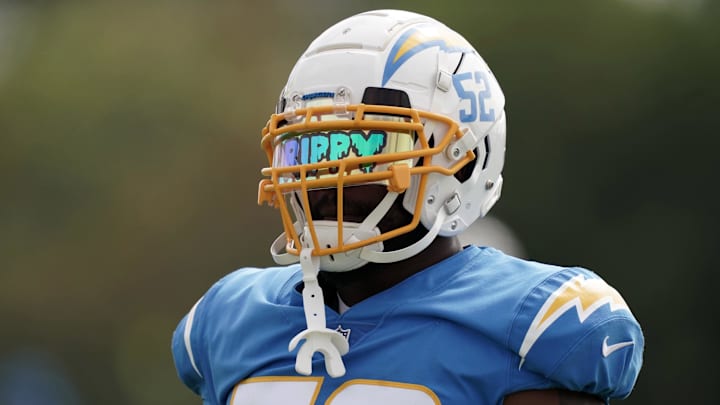 Aug 30, 2020; Costa Mesa, California, United States; Los Angeles Chargers linebacker Denzel Perryman (52) looks on during training camp at the Jack Hammett Sports Complex. Mandatory Credit: Kirby Lee-USA TODAY Sports