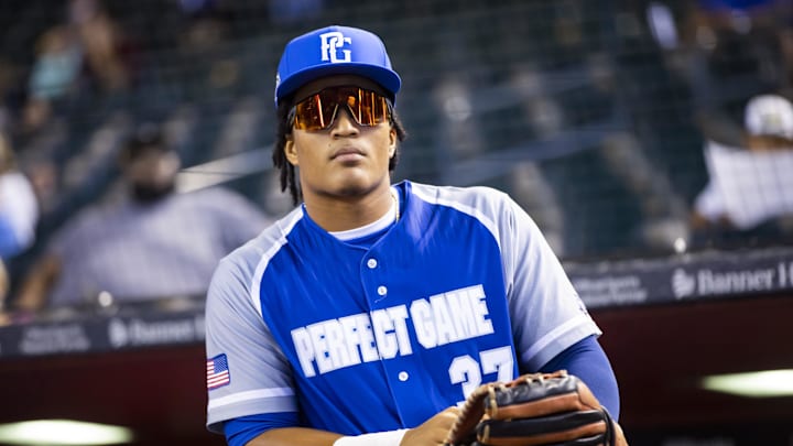 Aug 28, 2022; Phoenix, Arizona, US; East outfielder Alfonsin Rosario (37) during the Perfect Game All-American Classic high school baseball game at Chase Field. Mandatory Credit: Mark J. Rebilas-Imagn Images
