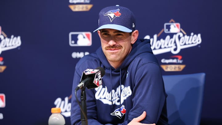 Oct 28, 2025; Los Angeles, California, USA; Toronto Blue Jays pitcher Shane Bieber (57) speaks at the postgame press conference after the game against the Los Angeles Dodgers during game four of the 2025 MLB World Series at Dodger Stadium. Mandatory Credit: Kiyoshi Mio-Imagn Images