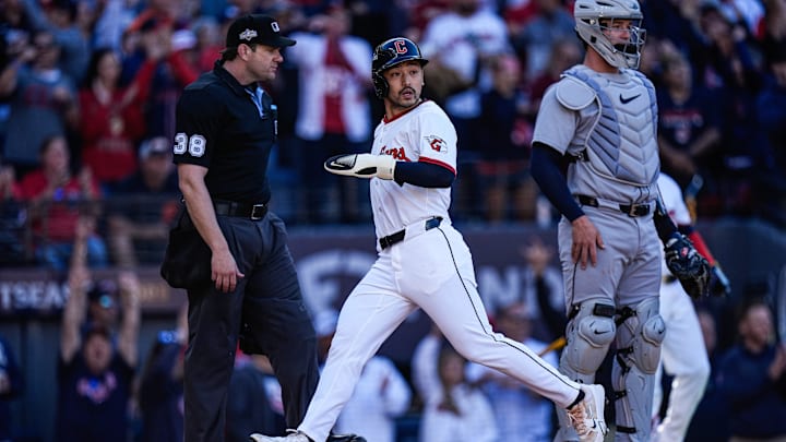 Cleveland Guardians left fielder Steven Kwan (38) scores a run against Detroit Tigers during the eighth inning of Game 2 of AL wild-card series at Progressive Field in Cleveland, Ohio on Wednesday, Oct. 1, 2025.