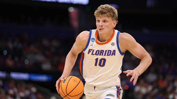 Mar 20, 2026; Tampa, FL, USA; Florida Gators forward Thomas Haugh (10) moves the ball during the first half against the Prairie View A&M Panthers during a first round game of the men's 2026 NCAA Tournament at Benchmark International Arena. 