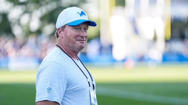 Jon Gruden watches practice during training camp at Meijer Performance Center in Allen Park on Monday, July 28, 2025.