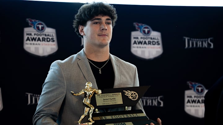 Division II- Class A, Jared Curtis, Nashville Christian School, is awarded Tennessee Titans Mr. Football 2025, during the Titans Mr. Football Awards at Nissan Stadium in Nashville, on Tuesday Dec, 9, 2025.