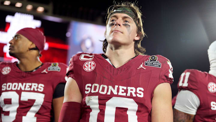 Oklahoma's John Mateer (10) reacts following the College Football Playoff game.