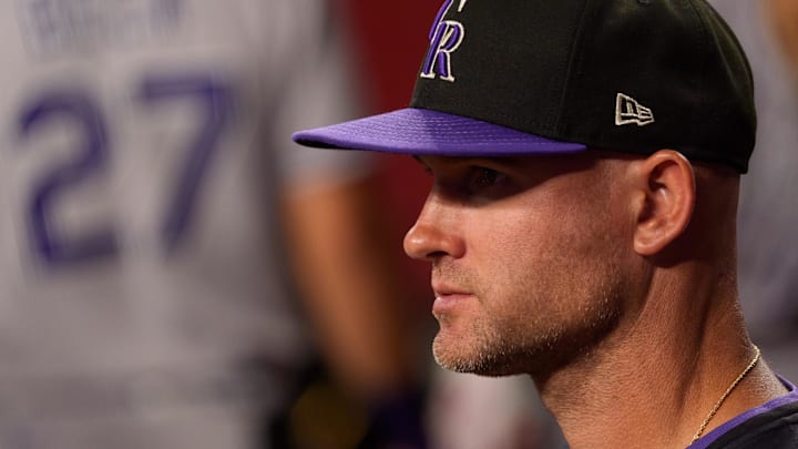 Colorado Rockies interim manager Warren Schaeffer (32) watches on from the dugout. Colorado Rockies interim manager Warren Schaeffer (32) watches on from the dugout.