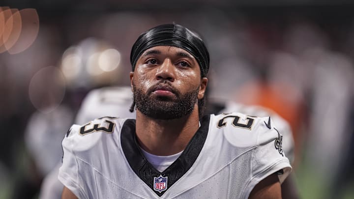 Sep 29, 2024; Atlanta, Georgia, USA; New Orleans Saints cornerback Marshon Lattimore (23) on the field against the Atlanta Falcons at Mercedes-Benz Stadium. Mandatory Credit: Dale Zanine-Imagn Images