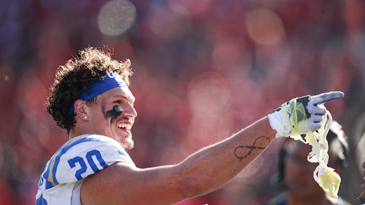 UCLA Bruins linebacker Kain Medrano celebrates during the second half against the Rutgers Scarlet Knights.