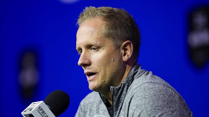 Oct 23, 2024; Kansas City, MO, USA; Brigham Young Cougars head coach Kevin Young talks to media during the Big 12 Men’s Basketball Media Day at T-Mobile Center. Mandatory Credit: Jay Biggerstaff-Imagn Images Oct 23, 2024; Kansas City, MO, USA; Brigham Young Cougars head coach Kevin Young talks to media during the Big 12 Men’s Basketball Media Day at T-Mobile Center. Mandatory Credit: Jay Biggerstaff-Imagn Images