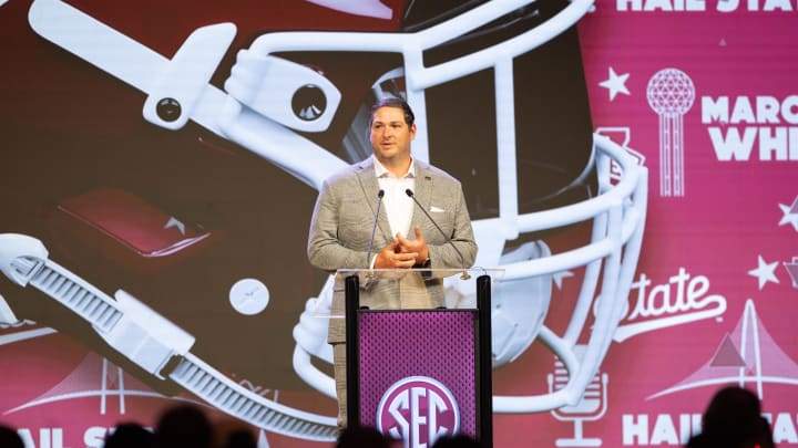 Jul 17, 2024; Dallas, TX, USA; Mississippi State head coach Jeff Lebby speaking at Omni Dallas Hotel. Mandatory Credit: Brett Patzke-USA TODAY Sports Jul 17, 2024; Dallas, TX, USA; Mississippi State head coach Jeff Lebby speaking at Omni Dallas Hotel. Mandatory Credit: Brett Patzke-USA TODAY Sports