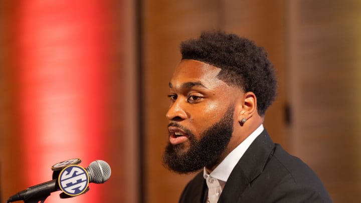Jul 17, 2024; Dallas, TX, USA; Mississippi State linebacker John Lewis speaking at Omni Dallas Hotel. Mandatory Credit: Brett Patzke-USA TODAY Sports Jul 17, 2024; Dallas, TX, USA; Mississippi State linebacker John Lewis speaking at Omni Dallas Hotel. Mandatory Credit: Brett Patzke-USA TODAY Sports