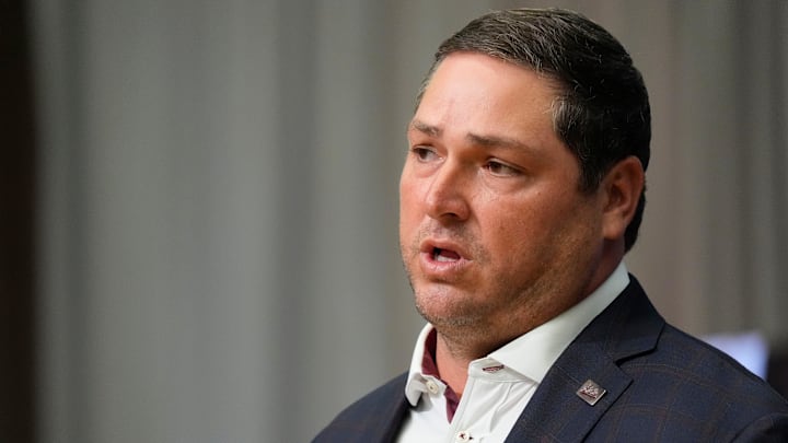 Mississippi State head coach Jeff Lebby speaks in the Main Media Room during SEC Media Days at the College Football Hall of Fame in Atlanta. Mississippi State head coach Jeff Lebby speaks in the Main Media Room during SEC Media Days at the College Football Hall of Fame in Atlanta.