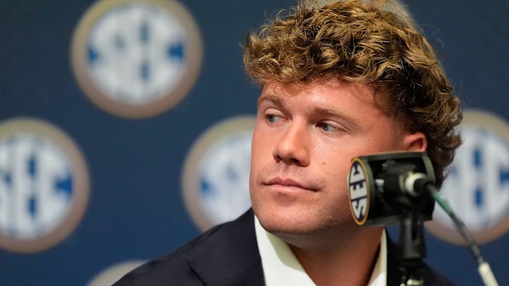 Mississippi State quarterback Blake Shapen listens to a question during SEC Media Days at the College Football Hall of Fame in Atlanta.