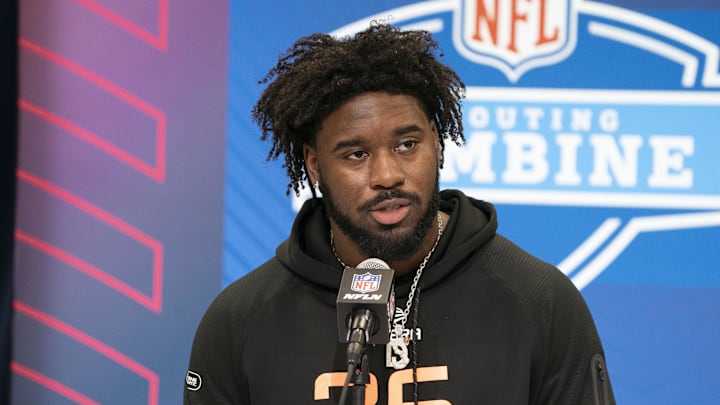 Tennessee running back Dylan Sampson talks to the press during the 2025 NFL Combine at Indiana Convention Center.