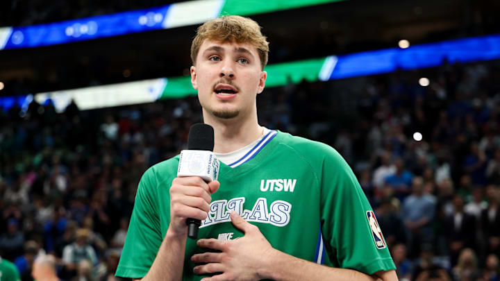 Apr 12, 2026; Dallas, Texas, USA;  Dallas Mavericks forward Cooper Flagg (32) speaks to the crowd before the game against the Chicago Bulls at American Airlines Center. Mandatory Credit: Kevin Jairaj-Imagn Images
