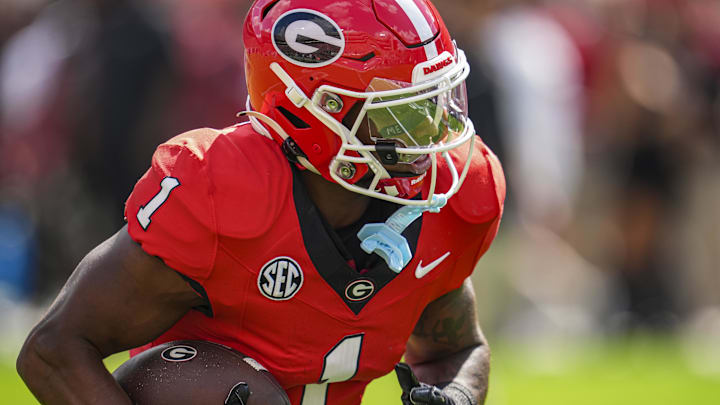 Oct 5, 2024; Athens, Georgia, USA; Georgia Bulldogs running back Trevor Etienne (1) on the field during pregame warmups before the game against the Auburn Tigers at Sanford Stadium. Mandatory Credit: Dale Zanine-Imagn Images