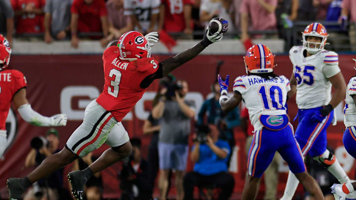 Georgia Bulldogs linebacker CJ Allen (3) breaks up a pass intended for Florida Gators wide receiver Tank Hawkins (10) during the fourth quarter of an NCAA college football matchup Saturday, Nov. 2, 2024 at EverBank Stadium in Jacksonville, Fla. The Georgia Bulldogs defeated the Florida Gators 34-20. [Corey Perrine/Florida Times-Union]