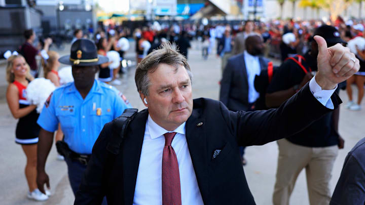 Georgia Bulldogs head coach Kirby Smart gives a thumbs up he arrives for the Dawg Walk before an NCAA college football matchup against the Florida Gators Saturday, Nov. 2, 2024 at EverBank Stadium in Jacksonville, Fla. [Corey Perrine/Florida Times-Union]