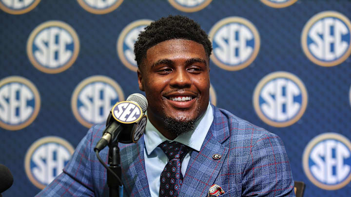 Jul 15, 2025; Atlanta, GA, USA; Georgia Bulldogs line backer CJ Allen answers questions from the media during SEC Media Days at Omni Atlanta Hotel. Mandatory Credit: Jordan Godfree-Imagn Images