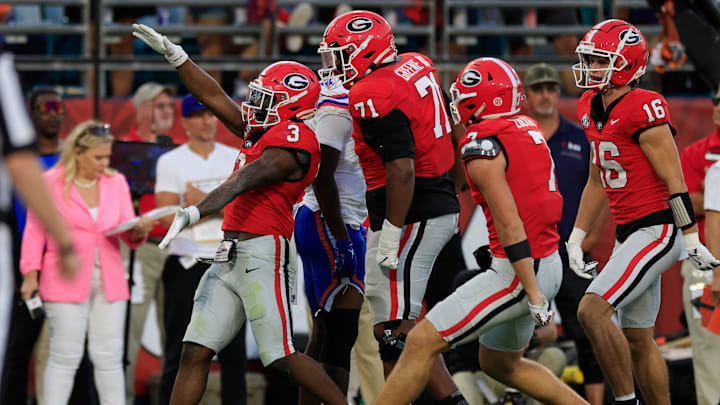 Georgia Bulldogs running back Nate Frazier (3) reacts to his touchdown that caused a penalty for unsportsmanlike conduct with the Gator Chomp during the third quarter of an NCAA college football matchup Saturday, Nov. 2, 2024 at EverBank Stadium in Jacksonville, Fla. The Georgia Bulldogs defeated the Florida Gators 34-20. [Corey Perrine/Florida Times-Union]