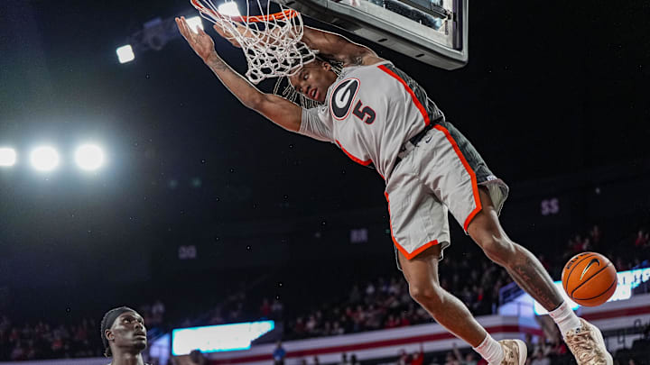 Nov 9, 2025; Athens, Georgia, USA; Georgia Bulldogs guard Jeremiah Wilkinson (5) dunks the ball against the Morehead State Eagles during the first half at Stegeman Coliseum. Mandatory Credit: Dale Zanine-Imagn Images