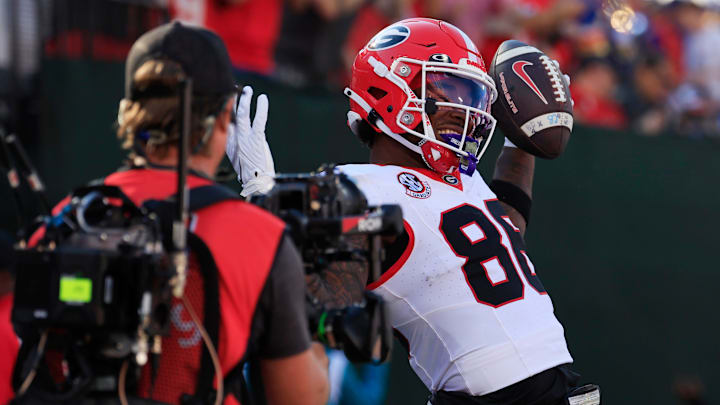 Georgia Bulldogs wide receiver Dillon Bell (86) reacts to scoring a touchdown during the first quarter of an NCAA football game, Saturday, Nov. 1, 2025, at EverBank Stadium in Jacksonville, Fla. Georgia held off Florida 24-20. [Corey Perrine/Florida Times-Union]