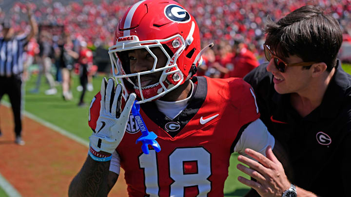 Georgia wide receiver Sacovie White (18) celebrates after scoring a touchdown during the Georgia G-Day spring football game in Athens, Ga., on Saturday, April 12, 2025.