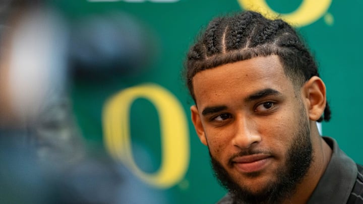 Oregon quarterback Dante Moore speaks with reporters during Oregon football’s Media Day on July 28, 2025, at Autzen Stadium in Eugene.
