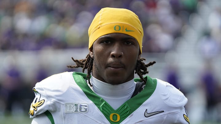 Sep 13, 2025; Evanston, Illinois, USA; Headshot of Oregon Ducks wide receiver Dakorien Moore (1) against the Northwestern Wildcats during the second half at Northwestern Medicine Field at Martin Stadium. Sep 13, 2025; Evanston, Illinois, USA; Headshot of Oregon Ducks wide receiver Dakorien Moore (1) against the Northwestern Wildcats during the second half at Northwestern Medicine Field at Martin Stadium.